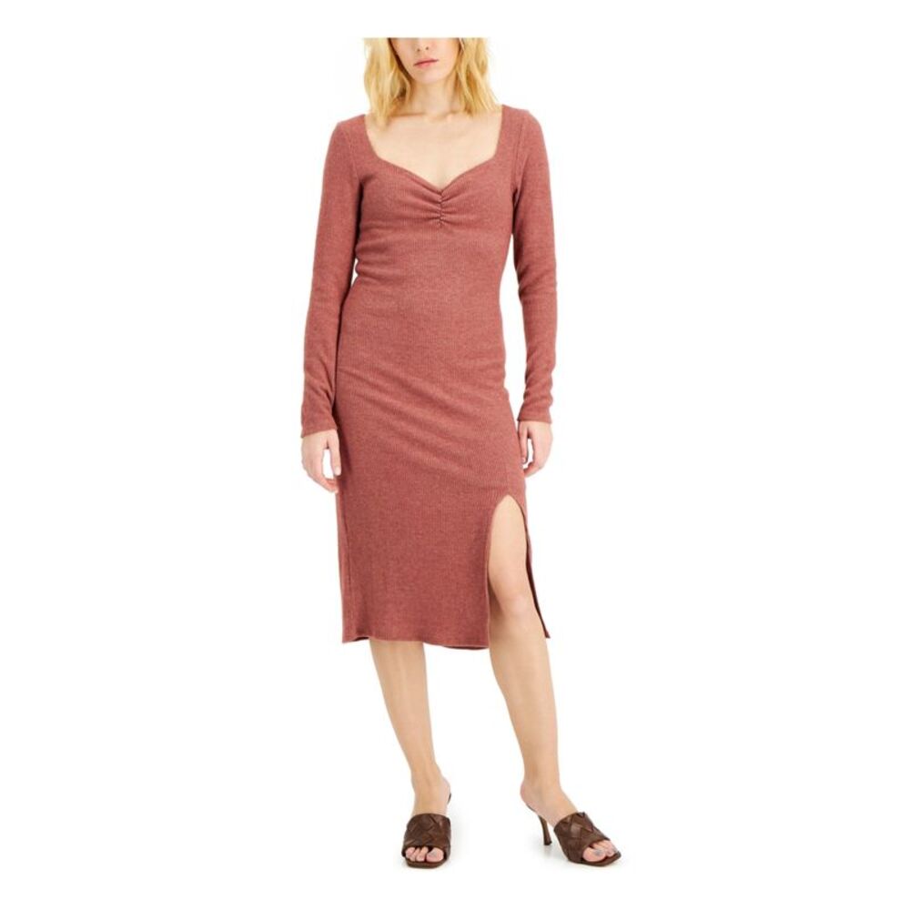 INC Womens Brown Knit Long Sleeve Sweetheart Neckline Midi Evening Dress S